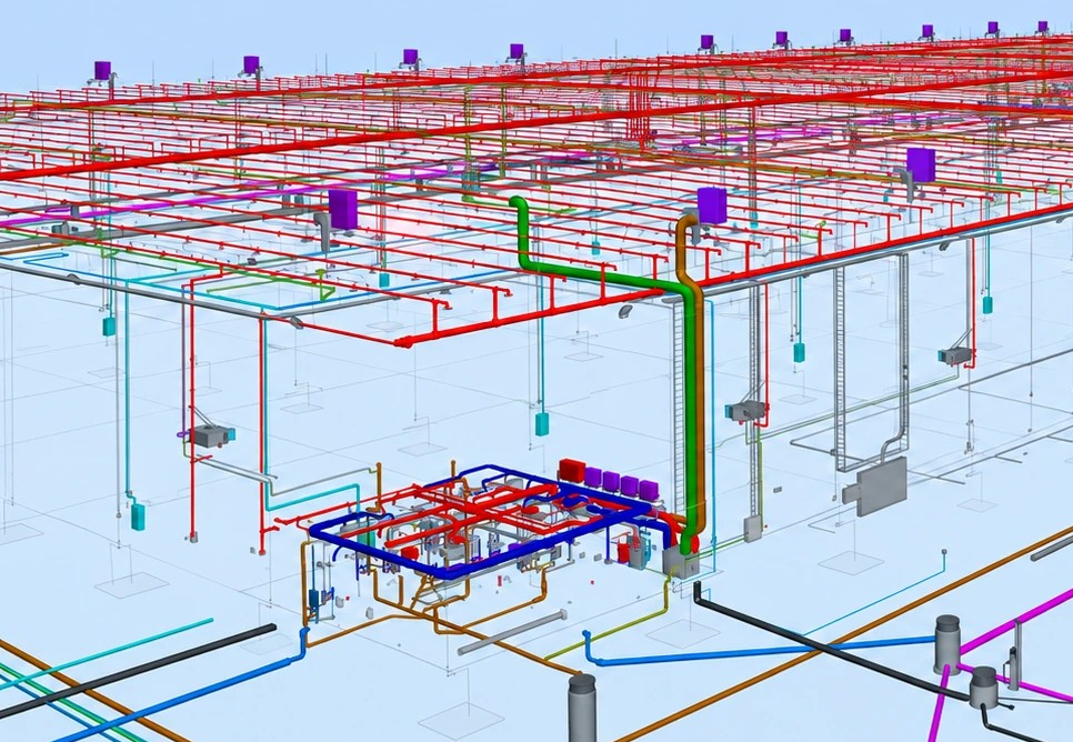 Coordinated MEP services model inside a building.