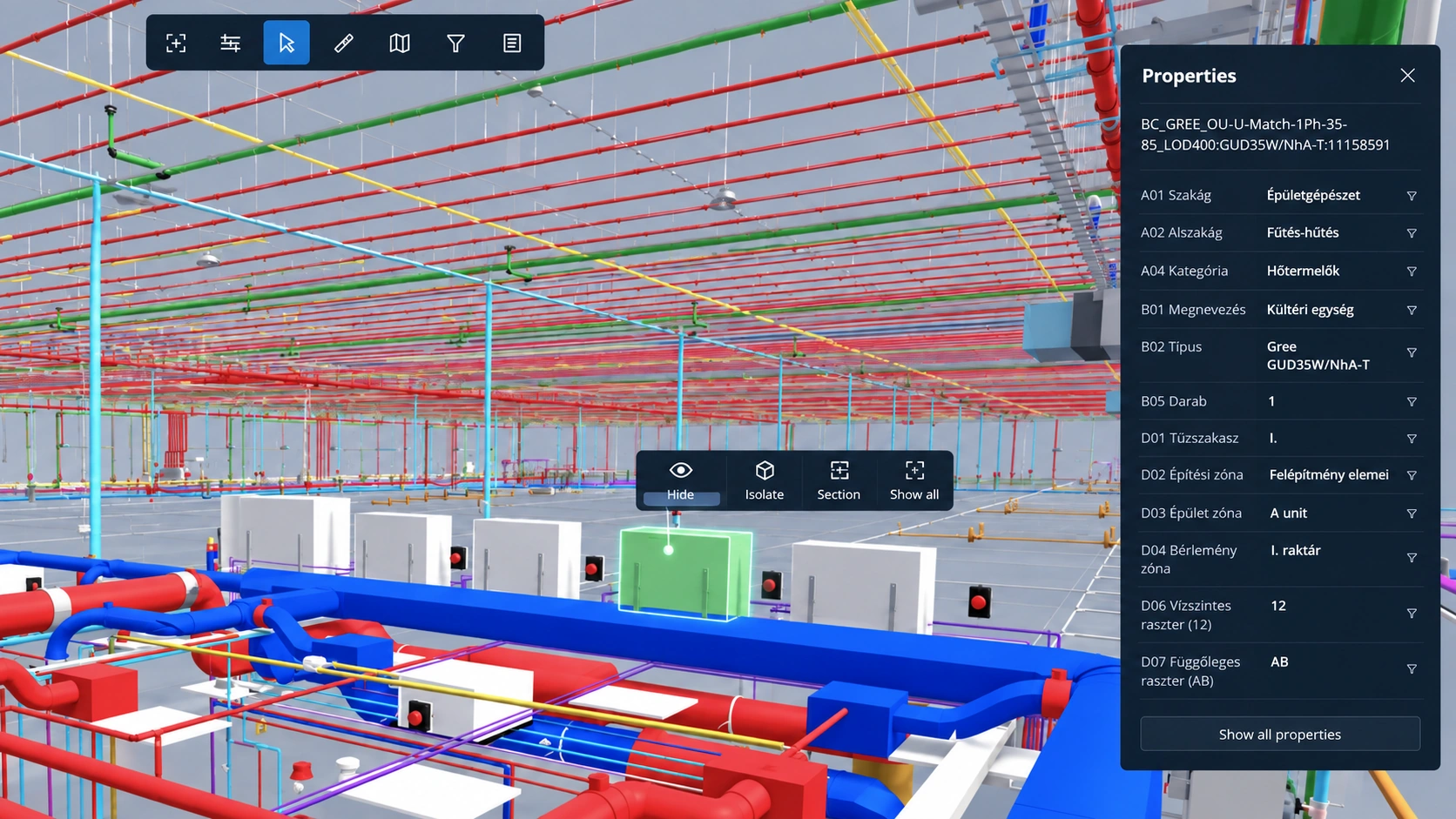 Illustrative BIM equipment model with an example AHU asset-data overlay.